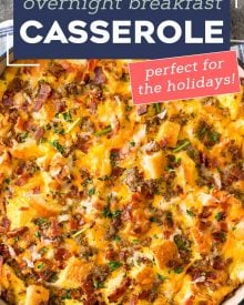 This easy make ahead breakfast casserole is a true family favorite!  Made with eggs, bread, sausage, bacon and plenty of cheese, it’s perfect for a holiday breakfast, or anytime! #breakfastcasserole #breakfast #brunch #breakfastrecipe #holiday #christmas #easter #mothersday #fathersday #breakfastbake