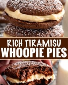 These whoopie pies are packed with classic Italian dessert flavors.  Soft and fluffy chocolate espresso cookies, sandwiched with a rich mascarpone kahlua frosting! #whoopiepies #cookierecipe #cookies #tiramisu #dessertrecipe #sandwichcookie #espresso #kahlua