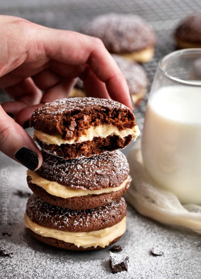 Tiramisu whoopie pie with a bite taken out of it