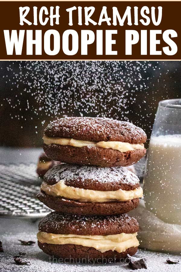 These whoopie pies are packed with classic Italian dessert flavors.  Soft and fluffy chocolate espresso cookies, sandwiched with a rich mascarpone kahlua frosting! #whoopiepies #cookierecipe #cookies #tiramisu #dessertrecipe #sandwichcookie #espresso #kahlua