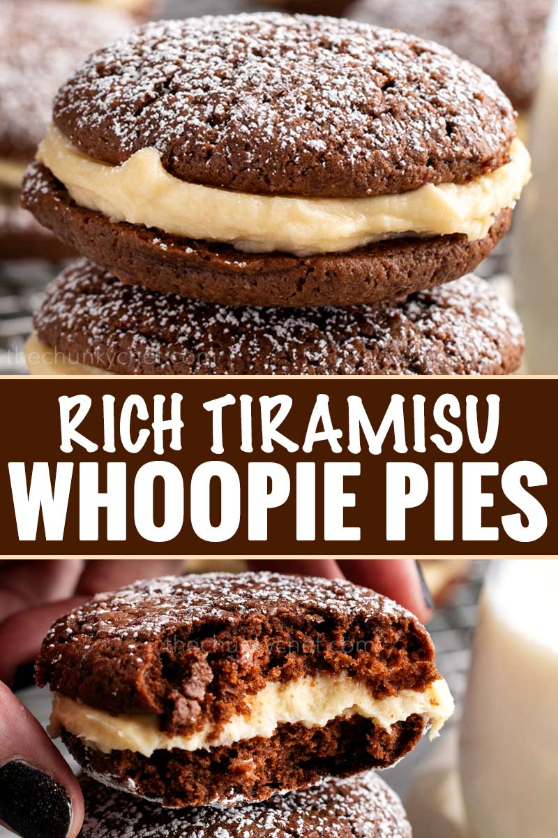 These whoopie pies are packed with classic Italian dessert flavors.  Soft and fluffy chocolate espresso cookies, sandwiched with a rich mascarpone kahlua frosting! #whoopiepies #cookierecipe #cookies #tiramisu #dessertrecipe #sandwichcookie #espresso #kahlua