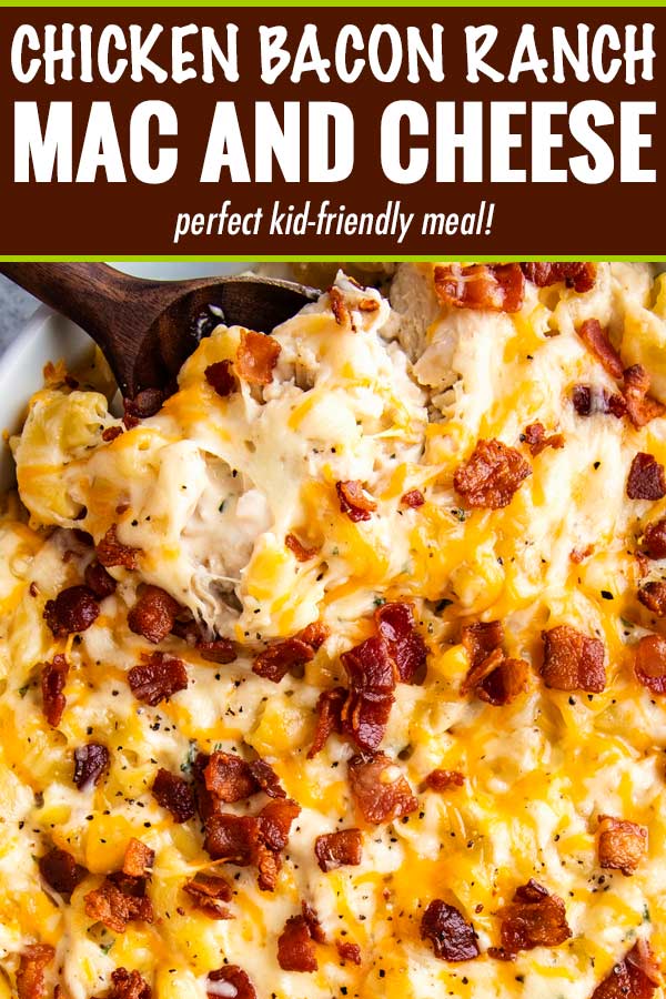 Delicious combo of chicken, bacon, ranch, and a mac and cheese made with three cheeses!  Family-friendly, make-ahead friendly, and perfect for a weeknight dinner! #macandcheese #chickenbaconranch #crackchicken #bakedmac #macaroniandcheese #easyrecipe #weeknightdinner #casserole