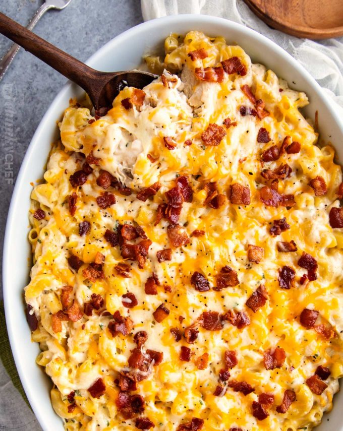Chicken bacon ranch mac and cheese in baking dish with spoon