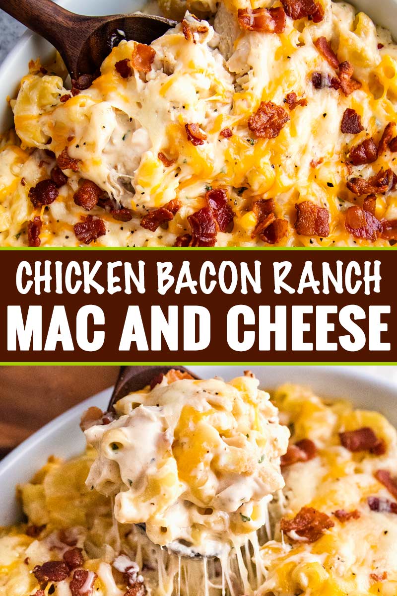 Delicious combo of chicken, bacon, ranch, and a mac and cheese made with three cheeses!  Family-friendly, make-ahead friendly, and perfect for a weeknight dinner! #macandcheese #chickenbaconranch #crackchicken #bakedmac #macaroniandcheese #easyrecipe #weeknightdinner #casserole