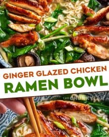 This Ginger Glazed Chicken Ramen recipe is ready in less than an hour, and tastes like you spent hours slaving over it!  Rich broth, sweet and savory chicken, and classic noodles... perfect Asian-style comfort food! #ramen #ramenrecipe #chicken #asian #easyrecipe #weeknightrecipe #ramennoodles