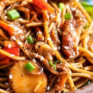 This Crockpot Chicken Lo Mein is the perfect weeknight meal! Packed with bold flavors, plenty of veggies, and with only 20 minutes of actual "work", it's a much better alternative to Chinese takeout. #Chinesefood #asianrecipe #crockpot #slowcooker #easyrecipe #weeknightmeal #chickenlomein #takeoutfakeout