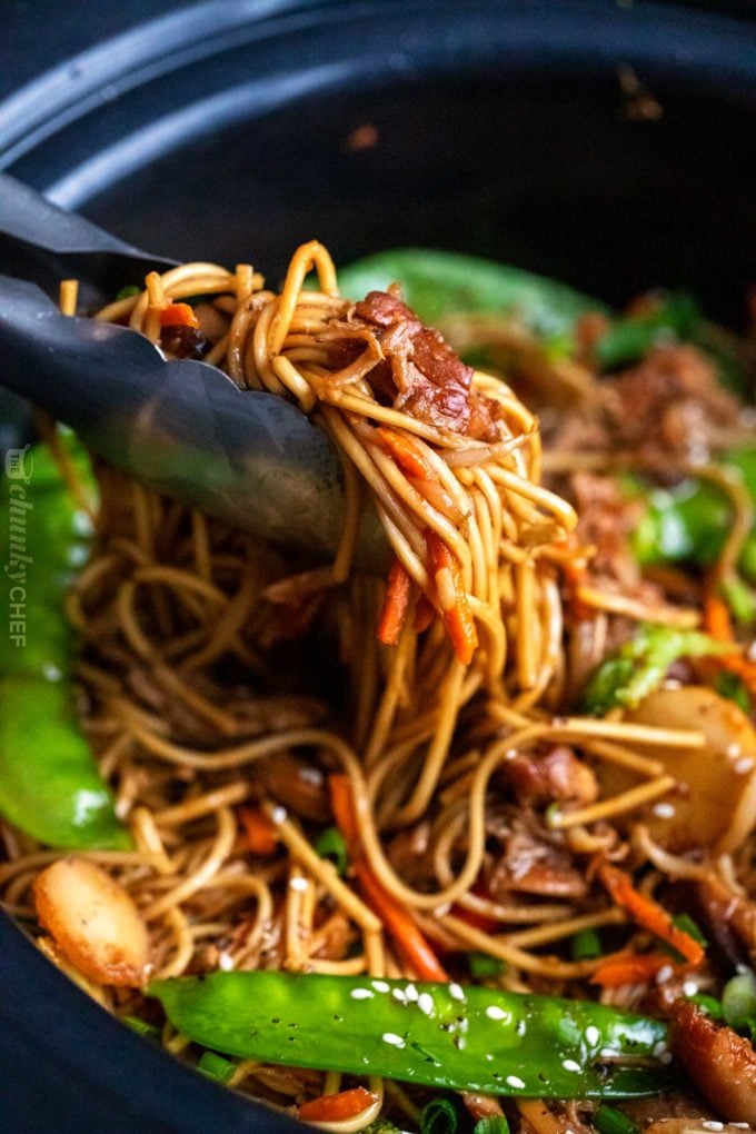 Serving slow cooker chicken lo mein