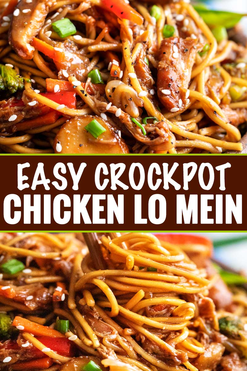 This Crockpot Chicken Lo Mein is the perfect weeknight meal!  Packed with bold flavors, plenty of veggies, and with only 20 minutes of actual "work", it's a much better alternative to Chinese takeout. #Chinesefood #asianrecipe #crockpot #slowcooker #easyrecipe #weeknightmeal #chickenlomein #takeoutfakeout