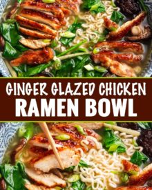 Perfect for a chilly weeknight, this Ginger Glazed Chicken Ramen recipe is ready in about 30 minutes and tastes like you spent hours slaving over it!  Rich broth, sweet and savory chicken, and classic noodles... perfect Asian comfort food! #ramen #ramenrecipe #chicken #asian #30minutemeal #easyrecipe #weeknightrecipe #ramennoodles