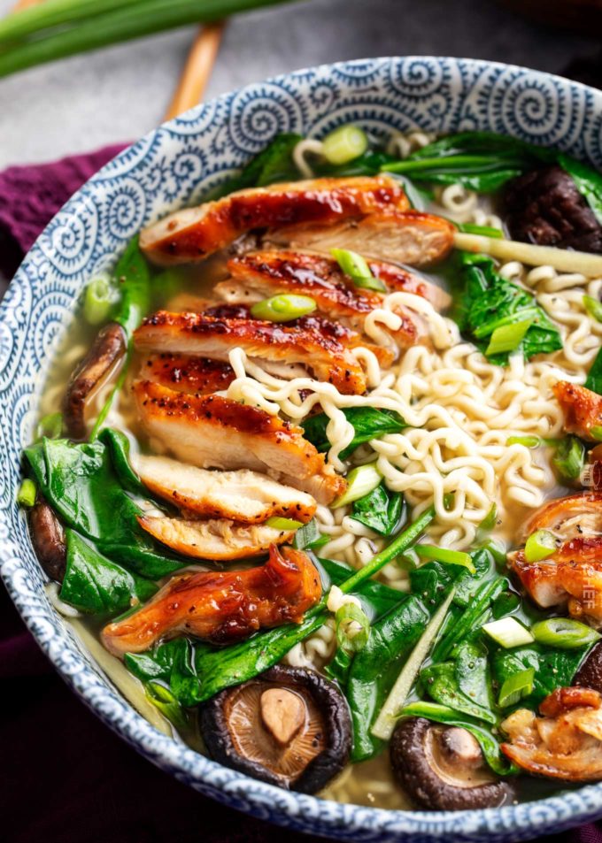 Glazed chicken in ramen bowl