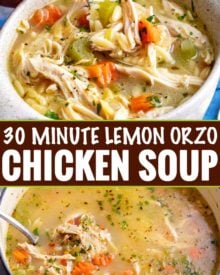 Fresh and light, this Lemon Chicken Orzo Soup is made in about 30 minutes, which makes it a perfect weeknight dinner recipe! #soup #dinnerrecipe #orzo #lemonchicken #chickensoup #stovetop #souprecipe #easyrecipe #weeknight #30minutemeal