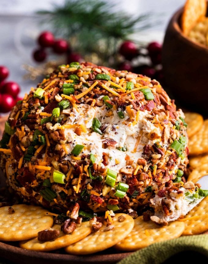 Bacon Ranch Cheese Ball Recipe surrounded by crackers