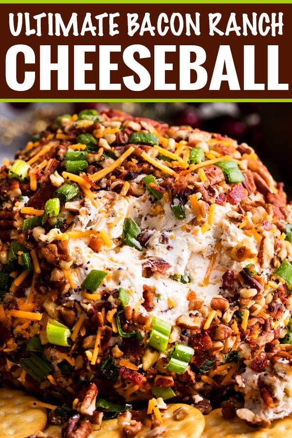 The Ultimate Bacon Ranch Cheese Ball is absolutely LOADED with bold flavors, and a perfect crowd-pleasing appetizer for any party! #appetizer #partyfood #cheeseball #baconranch #bacon #ranchrecipe #easyrecipe #makeahead