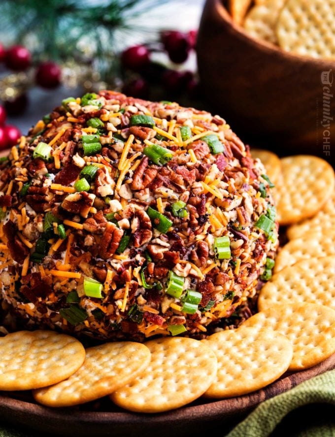 Bacon ranch cheese ball recipe on plate with crackers