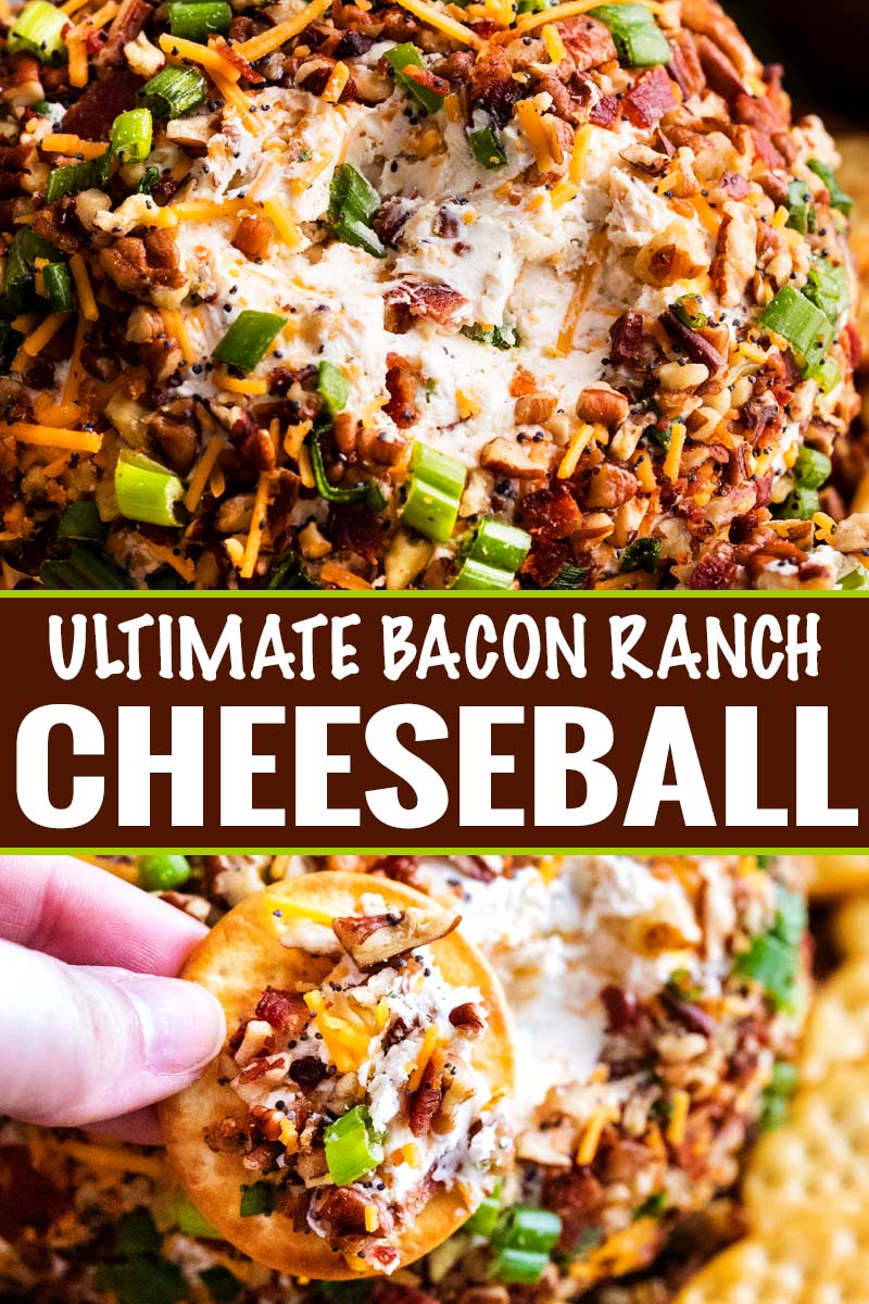 The Ultimate Bacon Ranch Cheese Ball is absolutely LOADED with bold flavors, and a perfect crowd-pleasing appetizer for any party! #appetizer #partyfood #cheeseball #baconranch #bacon #ranchrecipe #easyrecipe #makeahead