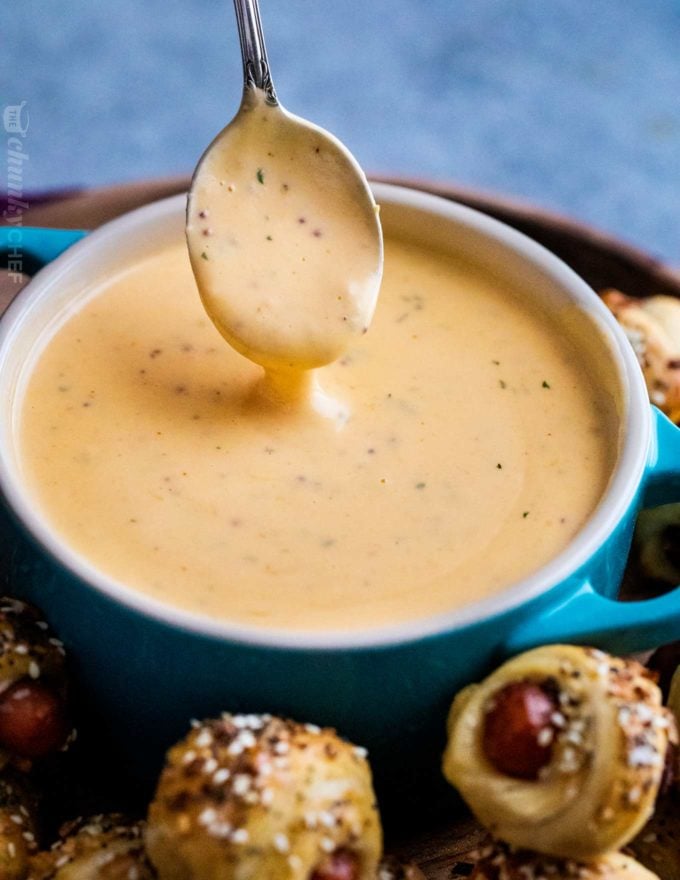 Spoonful of beer cheese sauce