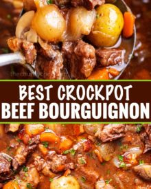 Crockpot Beef Bourguignon has melt in your mouth beef and hearty vegetables simmered all day in a rich red wine gravy!  The ultimate winter comfort food!  Slow cooker, oven, stovetop and instant pot directions! #beefstew #beefbourguignon #slowcooker #crockpot #comfortfood #dinner #easyrecipe #beef