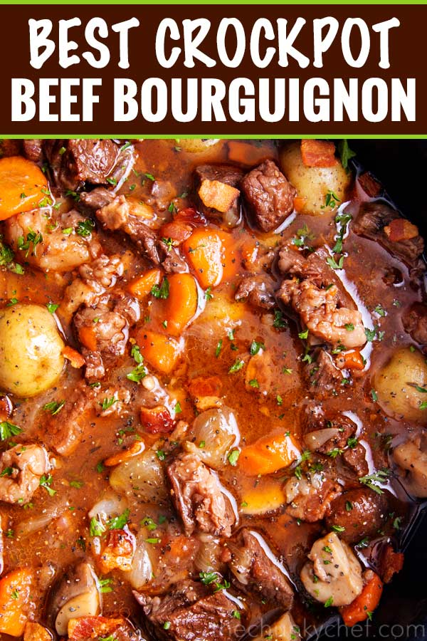Crockpot Beef Bourguignon has melt in your mouth beef and hearty vegetables simmered all day in a rich red wine gravy!  The ultimate winter comfort food!  Slow cooker, oven, stovetop and instant pot directions! #beefstew #beefbourguignon #slowcooker #crockpot #comfortfood #dinner #easyrecipe #beef