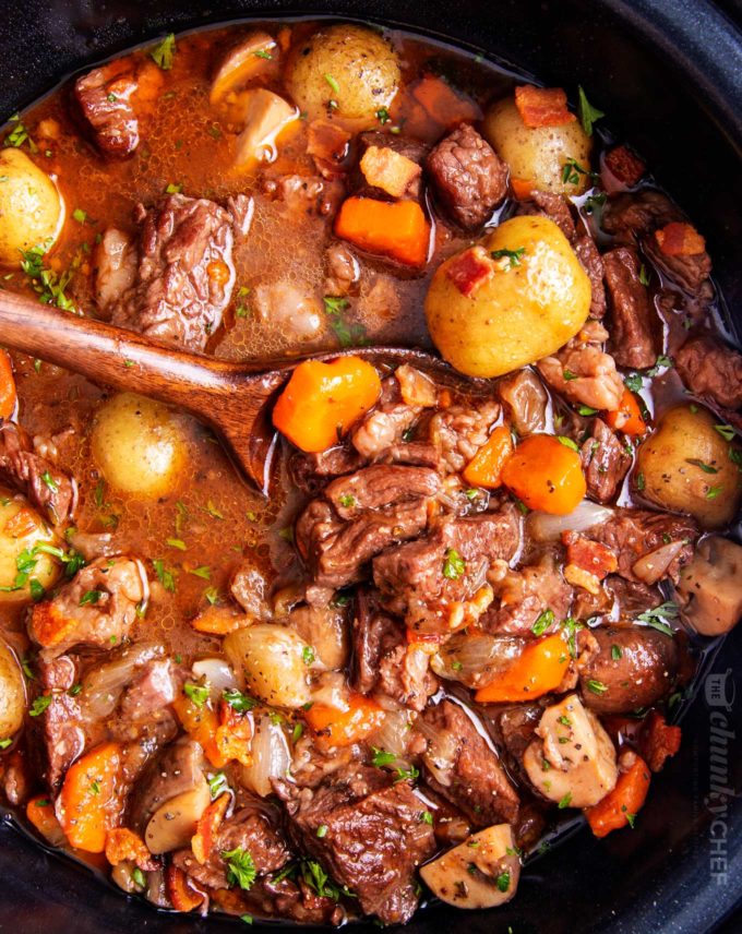 Ladle of crockpot beef bourguignon