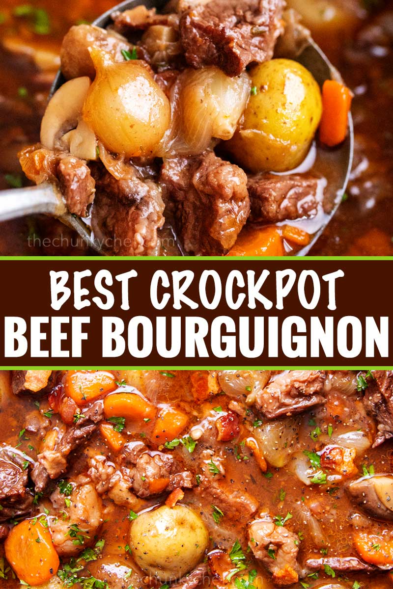 Crockpot Beef Bourguignon has melt in your mouth beef and hearty vegetables simmered all day in a rich red wine gravy!  The ultimate winter comfort food!  Slow cooker, oven, stovetop and instant pot directions! #beefstew #beefbourguignon #slowcooker #crockpot #comfortfood #dinner #easyrecipe #beef
