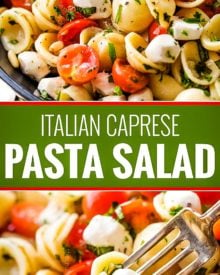 Caprese pasta salad made with tomatoes, marinated fresh mozzarella cheese, fresh basil, and a mouthwatering homemade Italian herb vinaigrette! #pastasalad #caprese #tomatobasil #italian #sidedish #potluck #bbq #summer