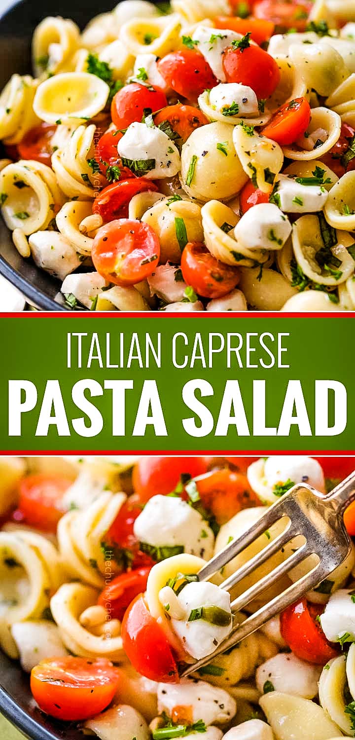 Caprese pasta salad made with tomatoes, marinated fresh mozzarella cheese, fresh basil, and a mouthwatering homemade Italian herb vinaigrette! #pastasalad #caprese #tomatobasil #italian #sidedish #potluck #bbq #summer