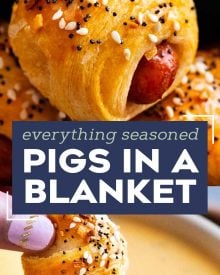 Classic pigs in a blanket, made with cocktail franks and flaky crescent rolls, baked with sprinkle of savory "everything" bagel seasoning!  Always a crowd-pleaser, make these 4 ingredient gems for your next party! #pigsinablanket #crescentrolls #lilsmokies #cocktailfranks #everythingbagelseasoning #appetizer #partyfood #easyrecipe
