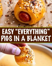 Classic pigs in a blanket, made with cocktail franks and flaky crescent rolls, baked with sprinkle of savory "everything" bagel seasoning!  Always a crowd-pleaser, make these 4 ingredient gems for your next party! #pigsinablanket #crescentrolls #lilsmokies #everything #bagelseasoning #appetizer #partyfood #easyrecipe