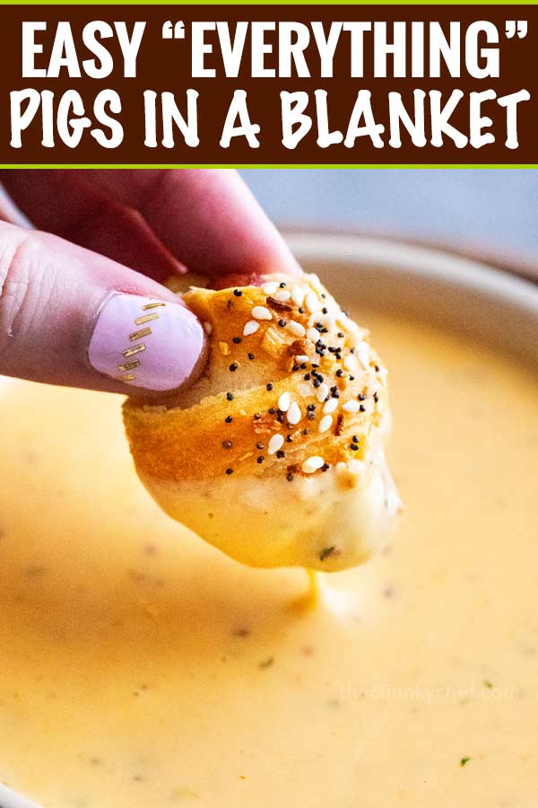 Classic pigs in a blanket, made with cocktail franks and flaky crescent rolls, baked with sprinkle of savory "everything" bagel seasoning!  Always a crowd-pleaser, make these 4 ingredient gems for your next party! #pigsinablanket #crescentrolls #lilsmokies #everything #bagelseasoning #appetizer #partyfood #easyrecipe