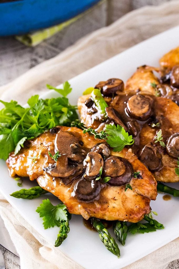 Chicken marsala on white plate with mushrooms