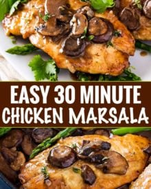 Chicken marsala is a one pot, 30 minute meal made with golden brown pan fried chicken cutlets, savory mushrooms and a rich marsala wine sauce! #chickenmarsala #italian #chickendinner #chicken #onepot #onepan #30minutemeal #easyrecipe