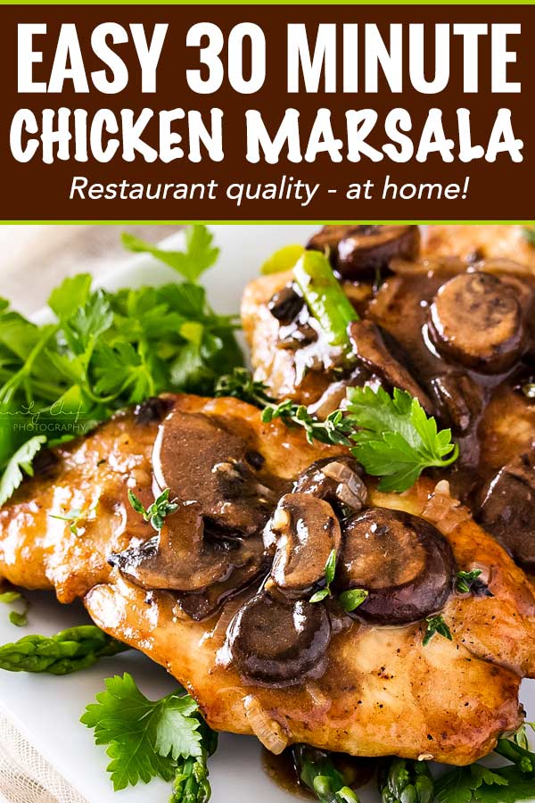 Chicken marsala is a one pot, 30 minute meal made with golden brown pan fried chicken cutlets, savory mushrooms and a rich marsala wine sauce! #chickenmarsala #italian #chickendinner #chicken #onepot #onepan #30minutemeal #easyrecipe