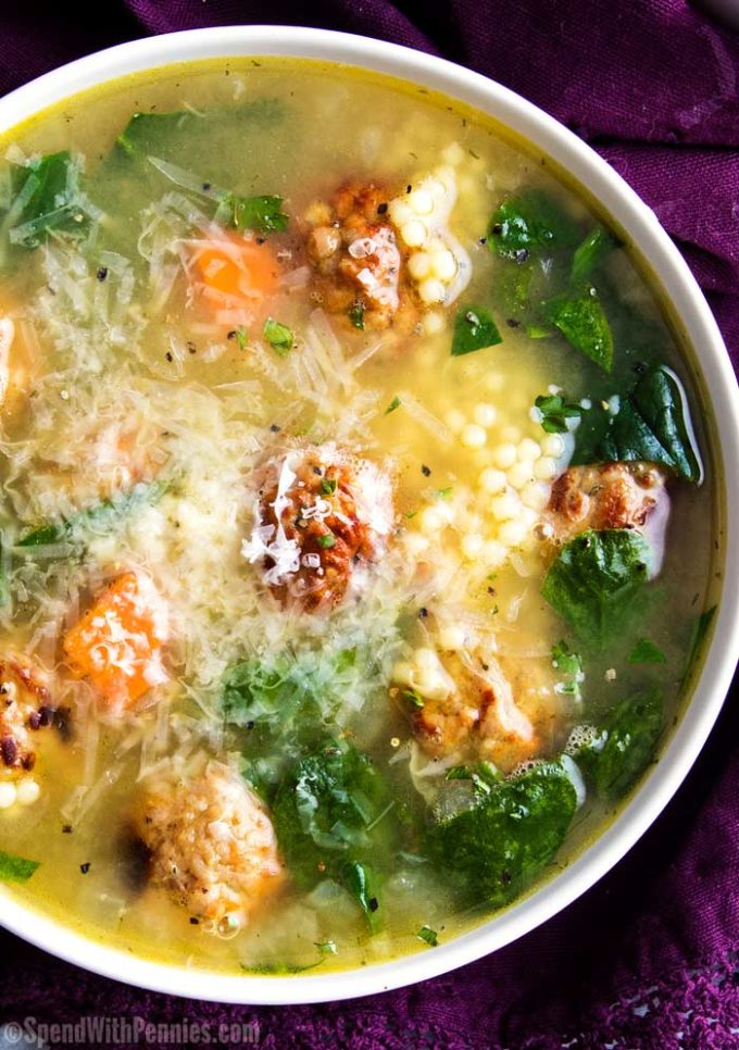 White bowl of Italian wedding soup. Easy soup recipe