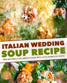 This Italian Wedding Soup is perfectly delicious comfort food, all year round.  Made in one pan, and ready in 30 minutes, this recipe is great for a weeknight meal! Crockpot and Instant Pot directions too! #soup #souprecipe #Italianweddingsoup #onepot #30minutemeal #weeknight #dinner #easyrecipe #homemaderecipe #instantpot #slowcooker