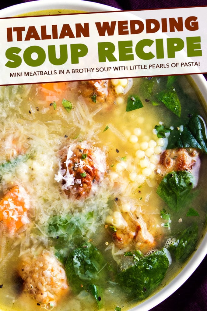 This Italian Wedding Soup is perfectly delicious comfort food, all year round.  Made in one pan, and ready in 30 minutes, this recipe is great for a weeknight meal! Crockpot and Instant Pot directions too! #soup #souprecipe #Italianweddingsoup #onepot #30minutemeal #weeknight #dinner #easyrecipe #homemaderecipe #instantpot #slowcooker