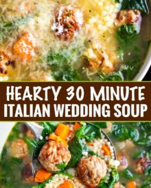 Light and filling, this Italian Wedding Soup is perfectly delicious comfort food, all year round.  Made in one pan, and ready in 30 minutes, this recipe is great for a weeknight meal! #soup #souprecipe #Italianweddingsoup #onepot #30minutemeal #weeknight #dinner #easyrecipe #homemaderecipe