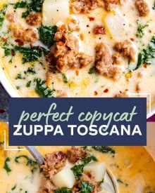 The BEST copycat zuppa toscana soup, made with spicy crumbled sausage, silky potatoes, and an ultra creamy broth.  Bacon and kale put the finishing touch on this Olive Garden copycat recipe! #soup #souprecipe #copycat #zuppatoscana #olivegarden #slowcooker #crockpot #instantpot #pressurecooker #easyrecipe #weeknightmeal