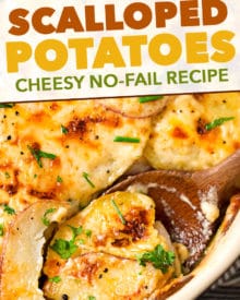 Velvety soft and tender layers of two kinds of potatoes, smothered in a rich 3 cheese garlic sauce, then topped with extra cheese for a perfectly crispy top! Perfect scalloped potatoes for Easter or Thanksgiving! #scallopedpotatoes #potatoes #sidedish #holiday #Easter #cheese #potatoesaugratin #augratin #makeahead #Thanksgiving