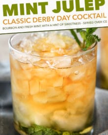 This Southern mint julep recipe is pretty close to the iconic Derby Day cocktail, made with simple syrup, Kentucky bourbon, fresh mint, and crushed ice.  Cool and refreshing, it's perfect on a summer day! #mintjulep #bourbon #derbyday #cocktail #mint #kentucky #southern #sipper