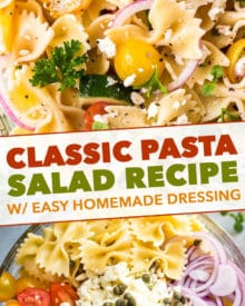 Always a crowd-pleaser, this Pasta Salad has won first place in several potluck contests.  Summer vegetables, tender pasta, salty cheese, and a mouthwatering zesty dressing! #pastasalad #potluck #bbq #italian #greek #mediterranean #pasta, #salad #makeaheadrecipe #easyrecipe