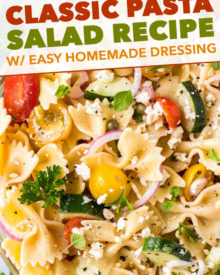 Always a crowd-pleaser, this Pasta Salad has won first place in several potluck contests.  Summer vegetables, tender pasta, salty cheese, and a mouthwatering zesty dressing! #pastasalad #potluck #bbq #italian #greek #mediterranean #pasta, #salad #makeaheadrecipe #easyrecipe