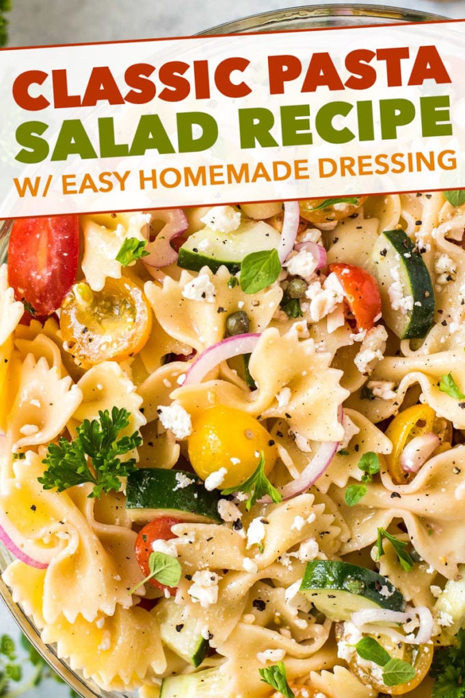 Always a crowd-pleaser, this Pasta Salad has won first place in several potluck contests.  Summer vegetables, tender pasta, salty cheese, and a mouthwatering zesty dressing! #pastasalad #potluck #bbq #italian #greek #mediterranean #pasta, #salad #makeaheadrecipe #easyrecipe