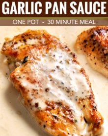 Tender chicken breasts smothered in a rich garlic cream sauce, all made in the same pan, and ready in less than 30 minutes! #easyrecipe #weeknightdinner #dinnerrecipe #chicken #garlic #creamy #onepan #onepot #skilletmeal