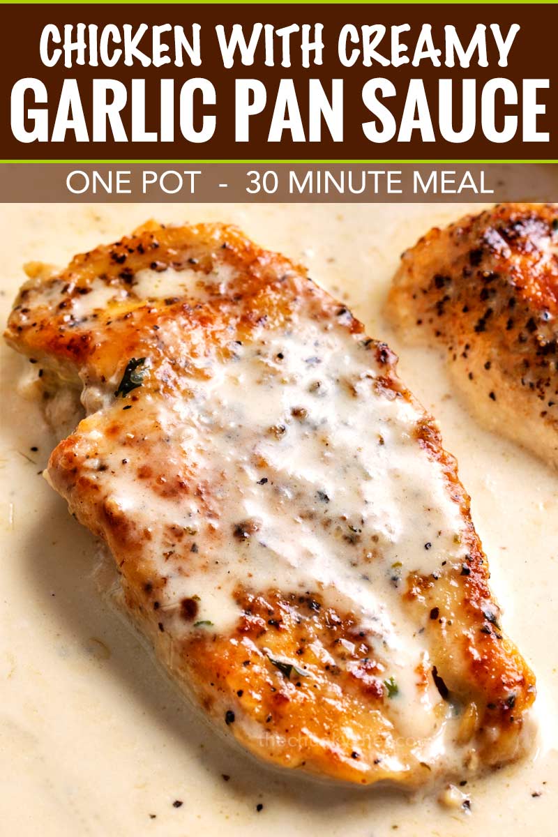 Tender chicken breasts smothered in a rich garlic cream sauce, all made in the same pan, and ready in less than 30 minutes! #easyrecipe #weeknightdinner #dinnerrecipe #chicken #garlic #creamy #onepan #onepot #skilletmeal