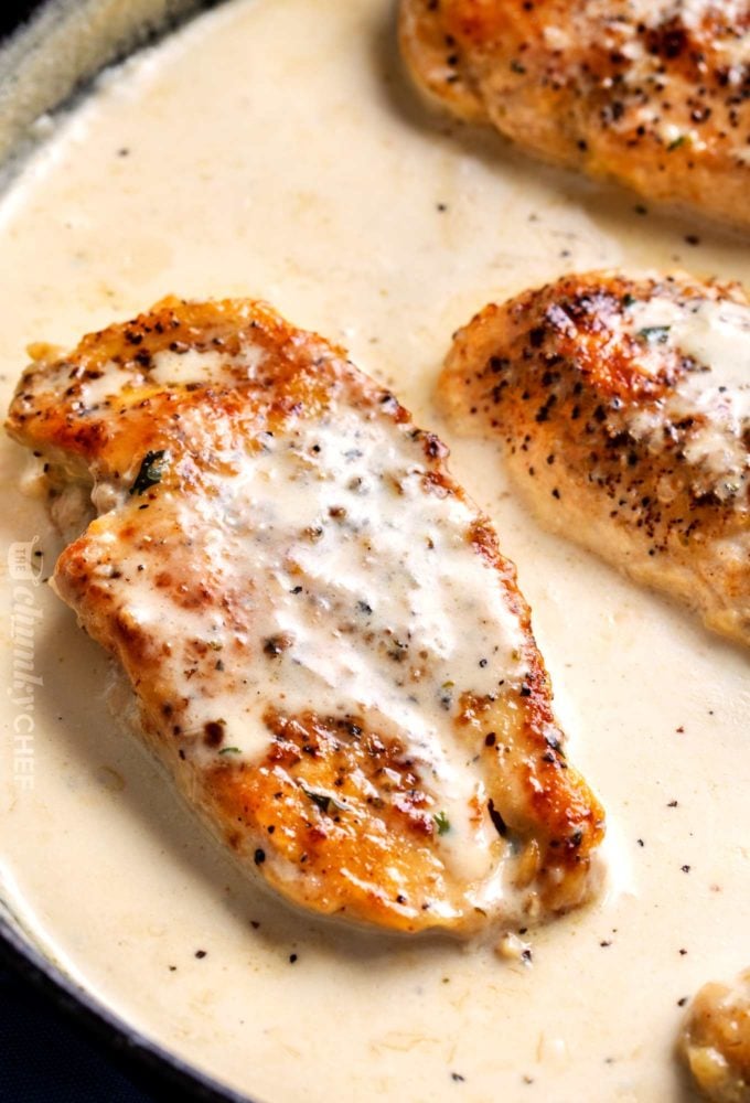 Creamy garlic chicken breasts in pan