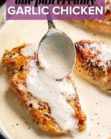 Tender chicken breasts smothered in a rich garlic cream sauce, all made in the same pan, and ready in less than 30 minutes! #easyrecipe #weeknightdinner #dinnerrecipe #chicken #garlic #creamy #onepan #onepot #skilletmeal