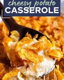 Funeral potatoes, aka Cheesy Potato Casserole, the hot side dish that EVERYONE loves. Perfect for any dinner, holiday or potluck!  Rich and creamy potatoes topped with buttery cornflakes and baked until golden and crispy! #potatoes #cheesy #potatocasserole #funeralpotatoes #partypotatoes #sidedish #potluck #holiday #hashbrown #baked #casserole #Easter