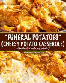 Funeral potatoes, aka Cheesy Potato Casserole, the hot side dish that EVERYONE loves. Perfect for any dinner, holiday or potluck!  Rich, cheesy and creamy hashbrown potatoes topped with buttery cornflakes and baked until golden and crispy! #potatoes #cheesy #potatocasserole #funeralpotatoes #partypotatoes #sidedish #potluck #holiday #hashbrown #baked #casserole