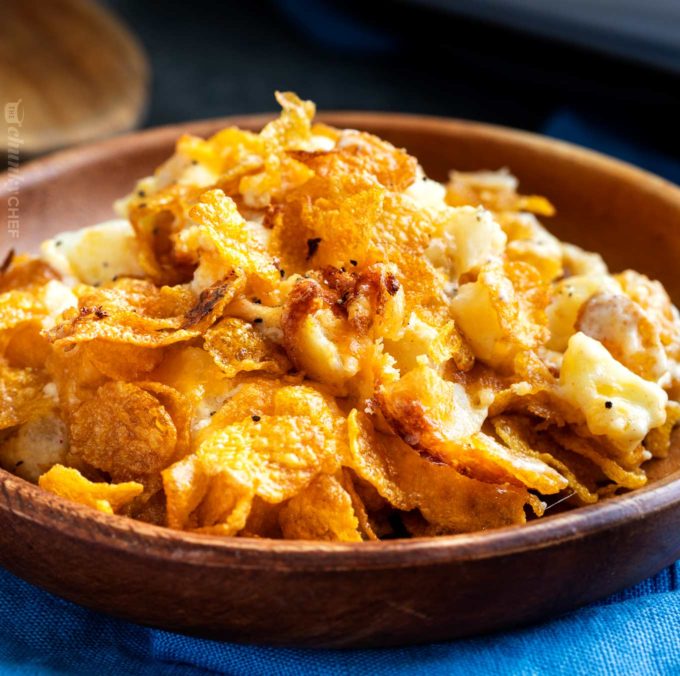 Serving of funeral potatoes on plate