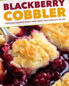 This easy summer Blackberry Cobbler is made with fresh berries and a sweet biscuit-like topping! Top with ice cream and enjoy! #cobbler #dessert #easyrecipe #blackberry #summerrecipe #berries #homemade #baking #berry